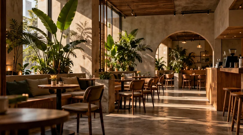 Sunlit modern café interior with timber tables, leafy plants and warm textured walls