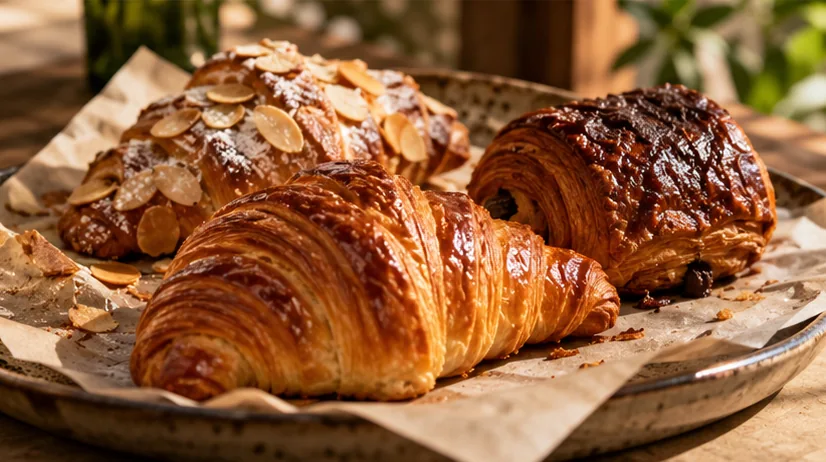 Golden croissants and almond-topped pastries on a café plate